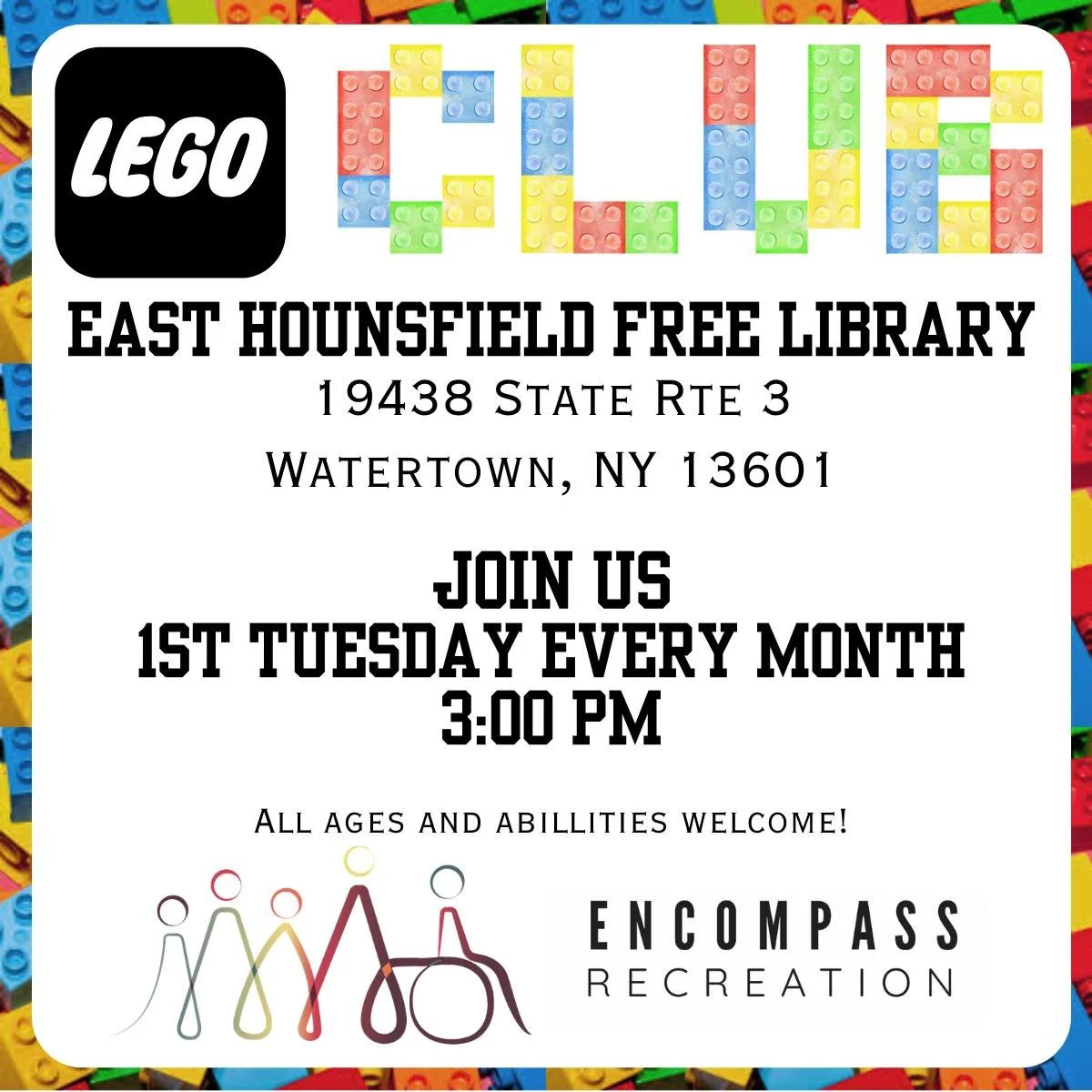 Lego clubs happening TODAY! 

No registration needed! FREE for all ages and abilities. Just show up and have fun!!

 #ChooseInclusion #EncompassRecreation #InclusionIsBeautiful #InclusiveCommunity #InclusionMatters #InclusiveRecreation