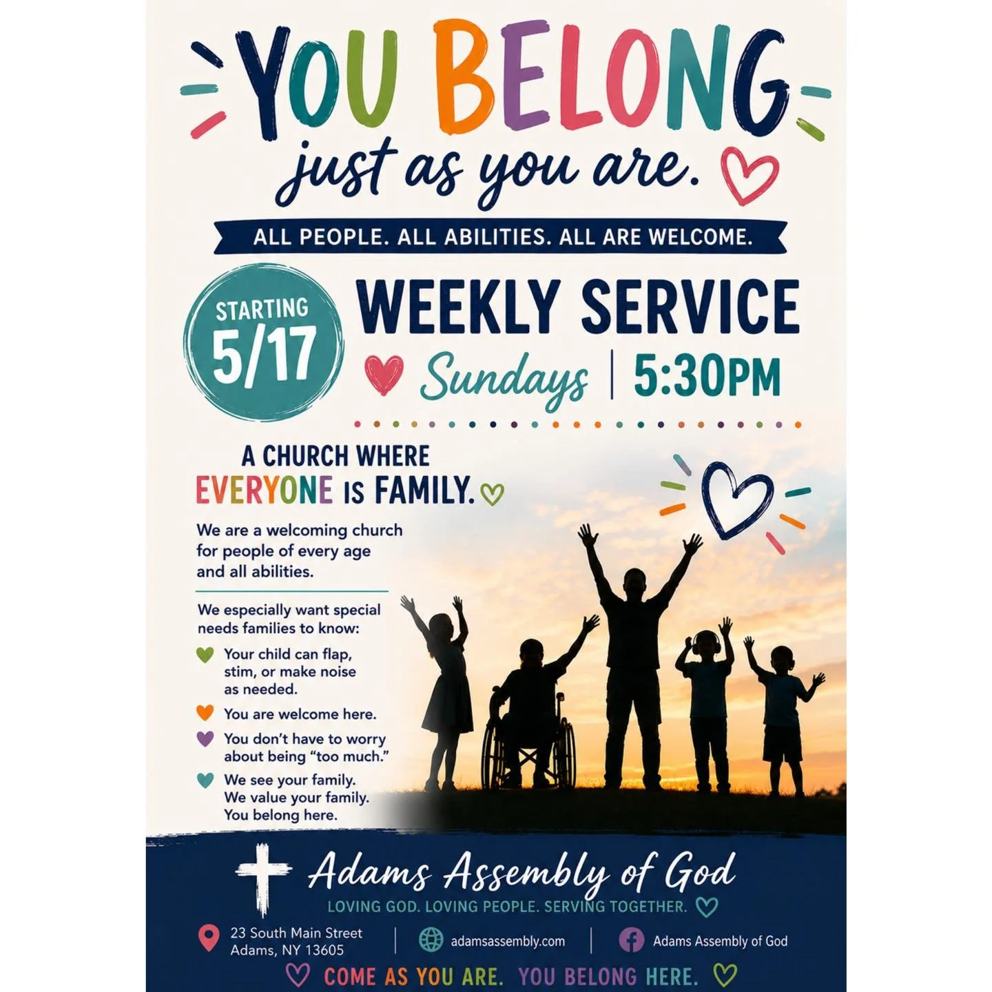 We love seeing spaces in our community working intentionally to make people feel seen, welcomed, and included. 💙

Starting May 17, Adams Assembly of God will be offering a weekly Sunday evening service designed to be welcoming for individuals and fa