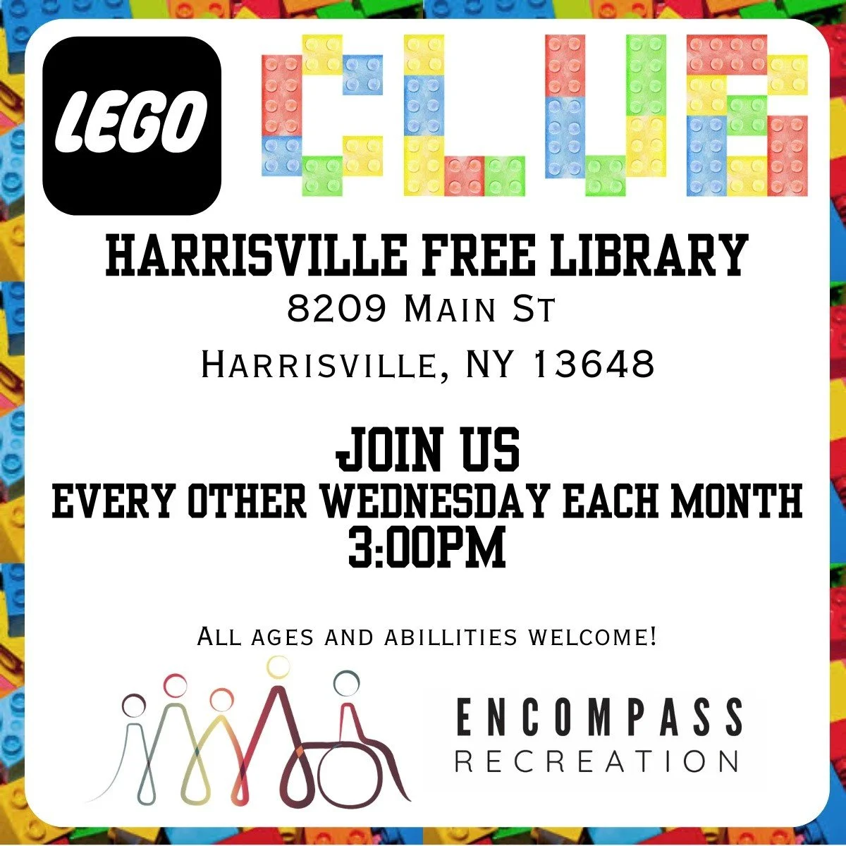 🧱✨ LEGO Club today! ✨🧱

Calling all builders, creators, and imaginations of every ability! Come enjoy a fun, welcoming space where youth can build friendships while building amazing LEGO creations together.

#InclusivePlay #LEGOClub #AllAbilitiesWe