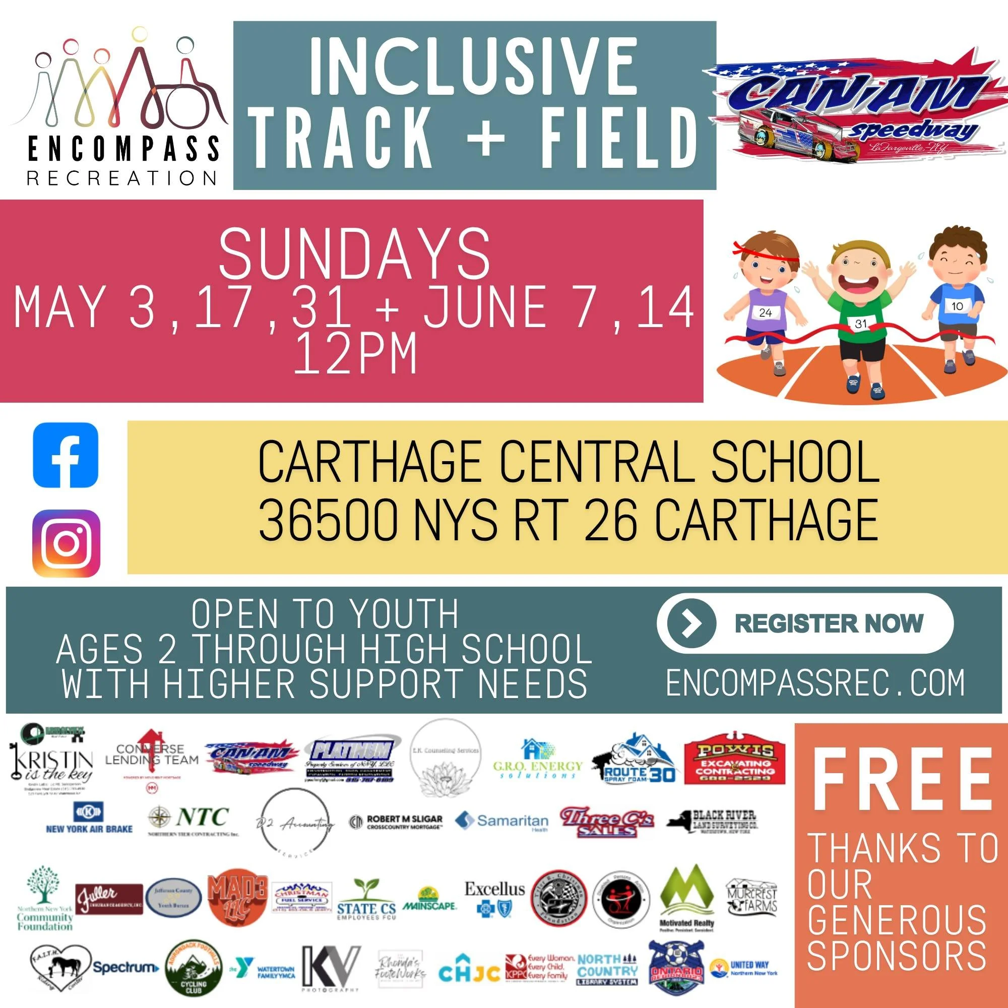 🏃&zwj;♂️REGISTRATION IS ALWAYS OPEN for this multi-week program!🏃&zwj;♂️

Our Can-Am Speedway Inclusive Track + Field Program is back&mdash;and better than ever! 💙

Join us on Sundays (May 3, 17, 31 + June 7, 14 at 12PM) at Carthage Central School