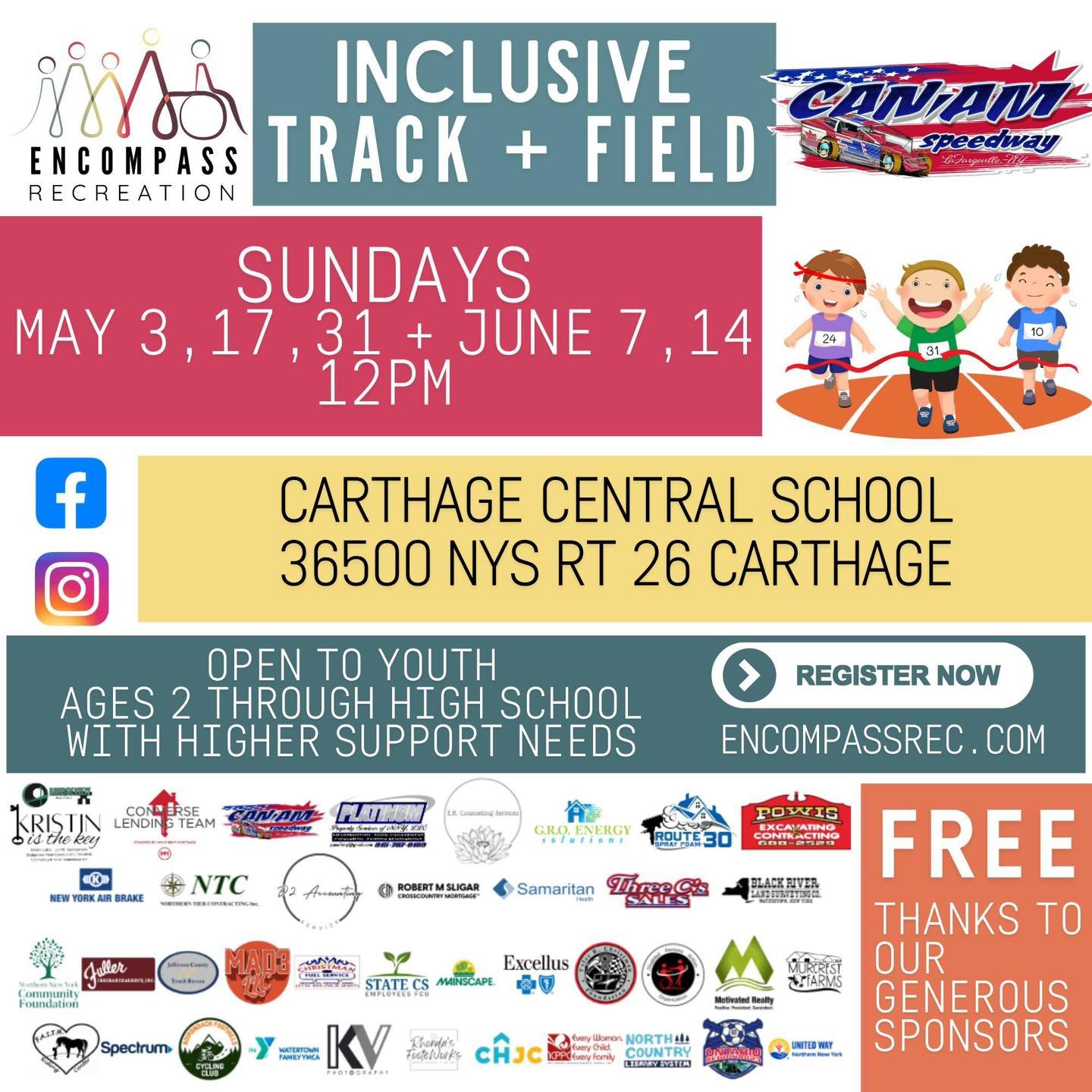 ✨Tomorrow!! Get ready, get set... register now!

🏃&zwj;♂️REGISTRATION IS ALWAYS OPEN for this multi-week program!🏃&zwj;♂️

Our Can-Am Speedway Inclusive Track + Field Program is back&mdash;and better than ever! 💙

Join us on Sundays (May 3, 17, 31