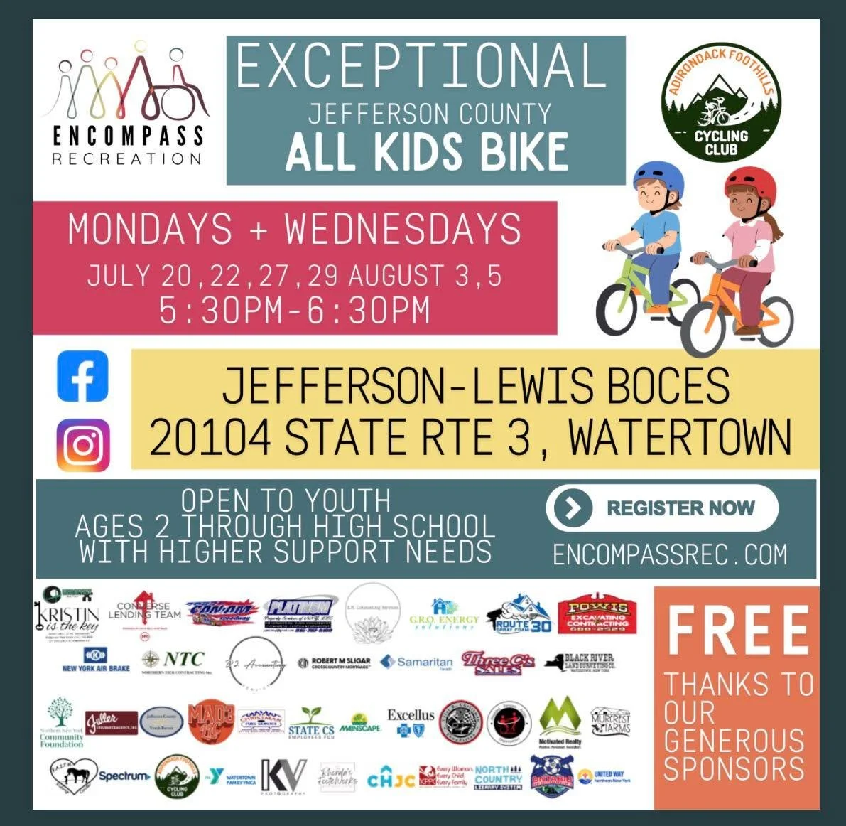 🚴&zwj;♂️ Does your child dream of riding on two wheels? The Adirondack Foothills Cycling Club and Encompass Recreation are teaming up to make that dream a reality!

We are thrilled to offer a specialized 6-week bike training program designed specifi