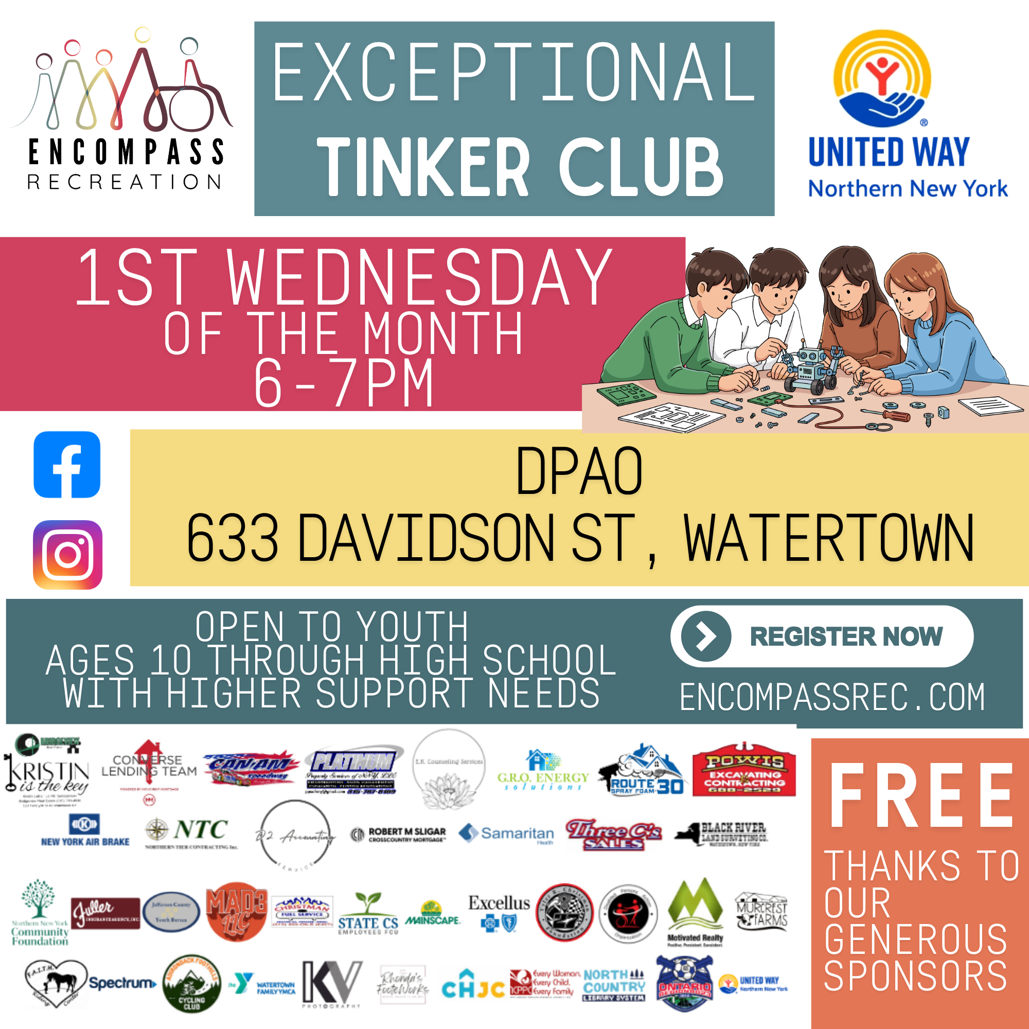 Tinker Club sponsored by the United Way of Northern New York (ages 10-21) 