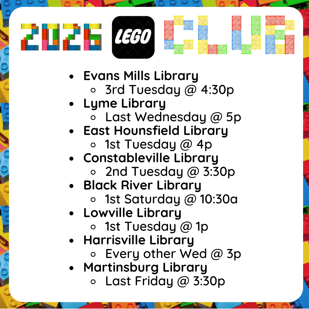  Text listing library event schedules, including Evans Mills, Lyme, East Hounsfield, Constableville, Black River, Lowville, and Harrisville libraries with dates and times.