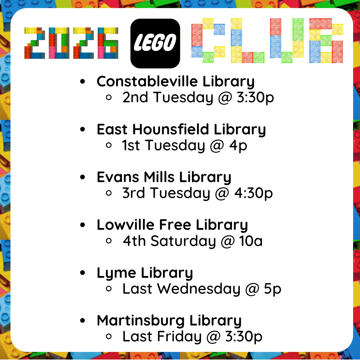  Text listing library event schedules, including Evans Mills, Lyme, East Hounsfield, Constableville, Black River, Lowville, and Harrisville libraries with dates and times.