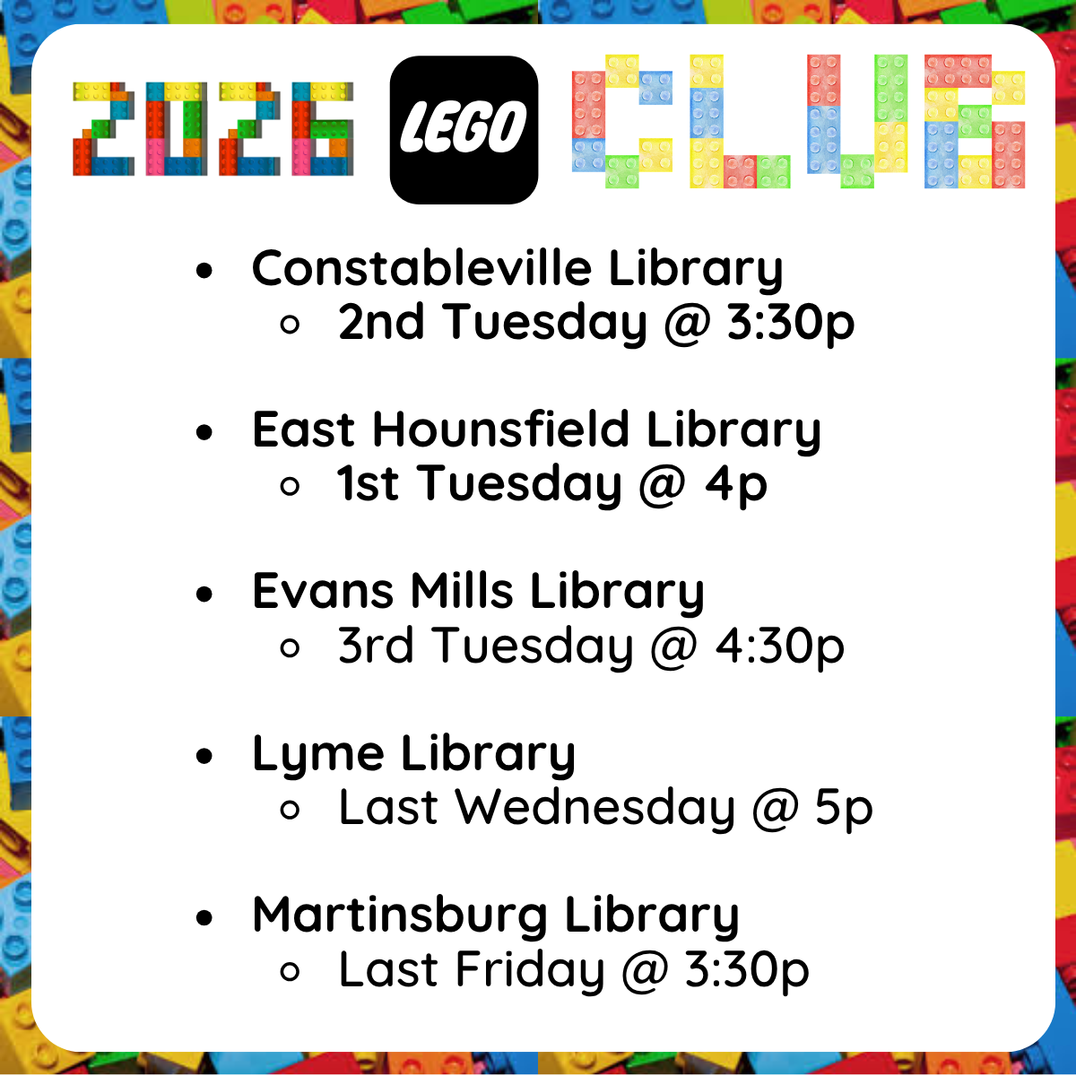  Text listing library event schedules, including Evans Mills, Lyme, East Hounsfield, Constableville, Black River, Lowville, and Harrisville libraries with dates and times.