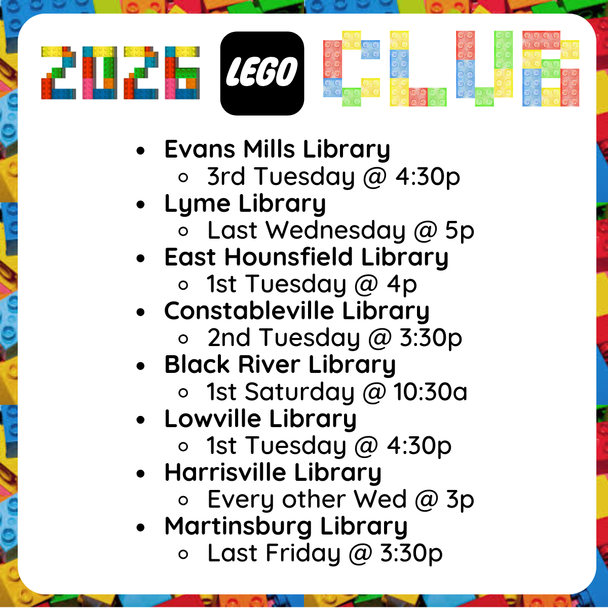  Text listing library event schedules, including Evans Mills, Lyme, East Hounsfield, Constableville, Black River, Lowville, and Harrisville libraries with dates and times.