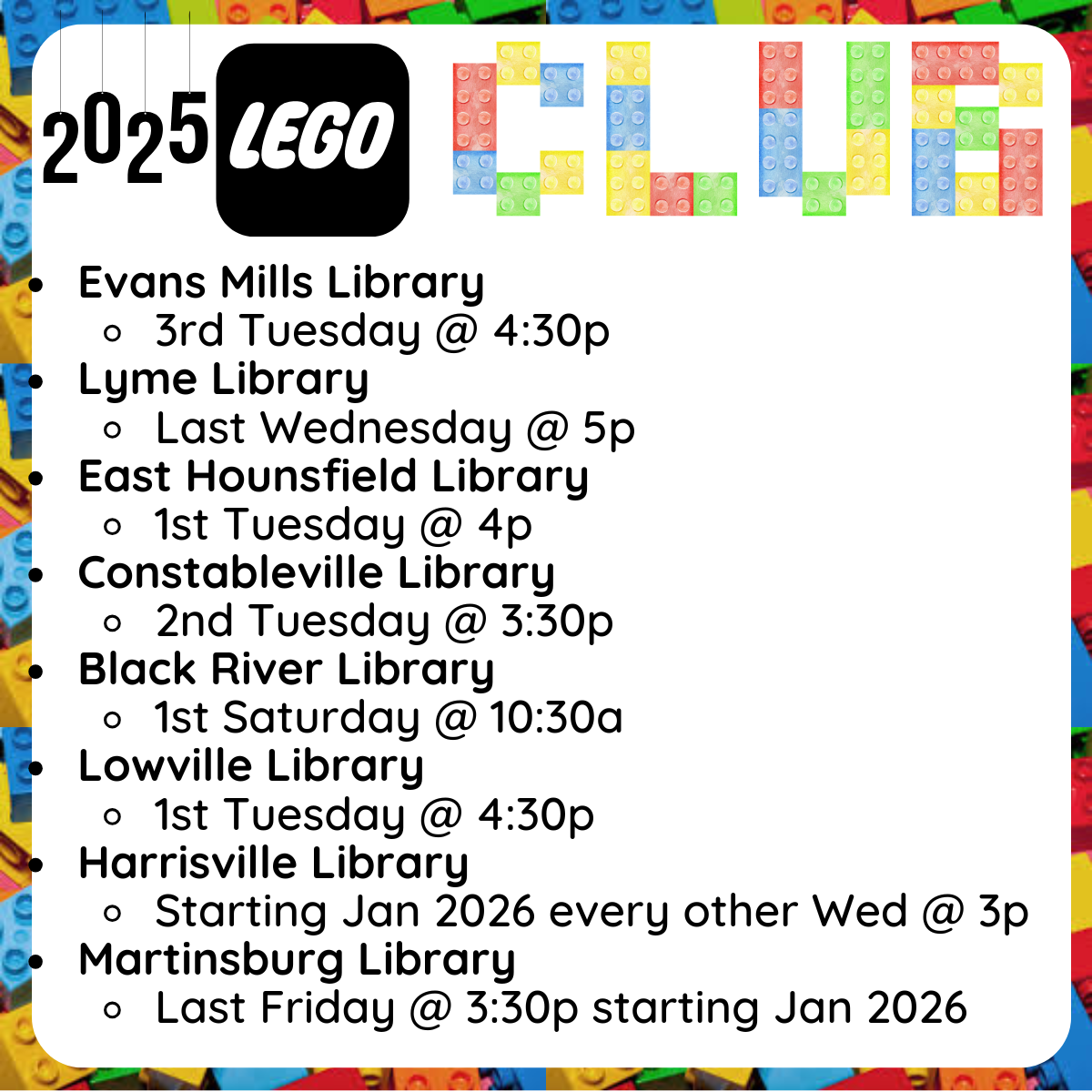  Text listing library event schedules, including Evans Mills, Lyme, East Hounsfield, Constableville, Black River, Lowville, and Harrisville libraries with dates and times.