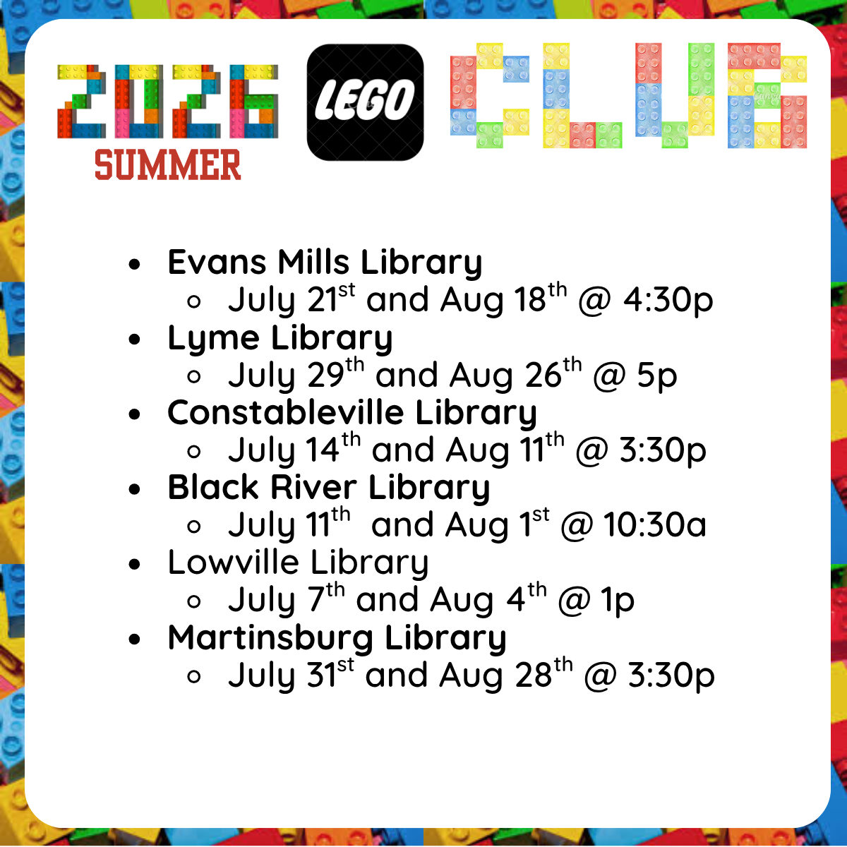  Text listing library event schedules, including Evans Mills, Lyme, East Hounsfield, Constableville, Black River, Lowville, and Harrisville libraries with dates and times.