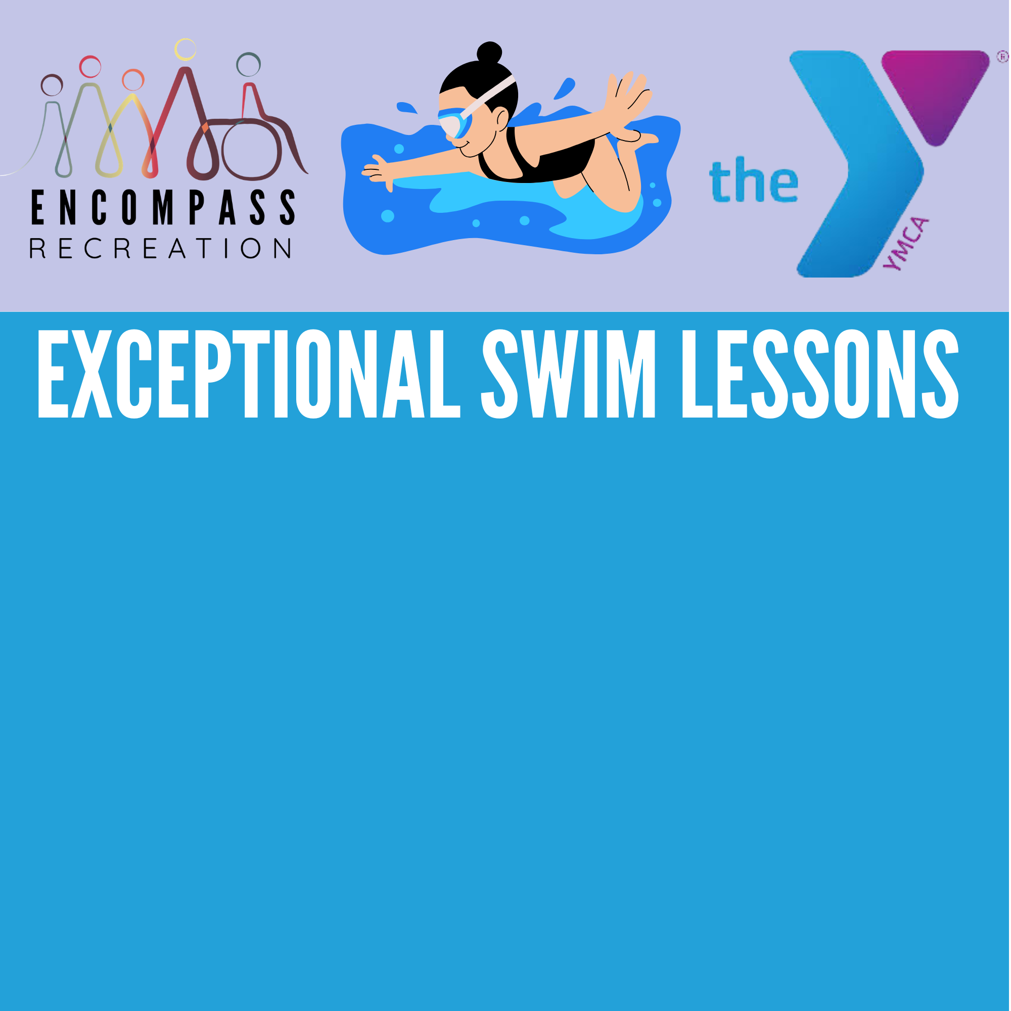 Promotional graphic for swim lessons by Encompass Recreation and YMCA, featuring a swimmer wearing goggles and a swim cap diving into water, with logos of Encompass Recreation, the YMCA, and a north star map, along with the text 'Exceptional Swim Lessons'.
