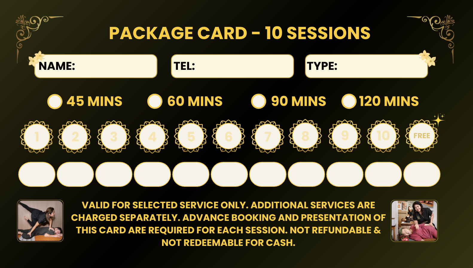 A gift card for 10 massage sessions with gold and black decorative elements, including a photo of a massage therapy session and a person receiving a massage.