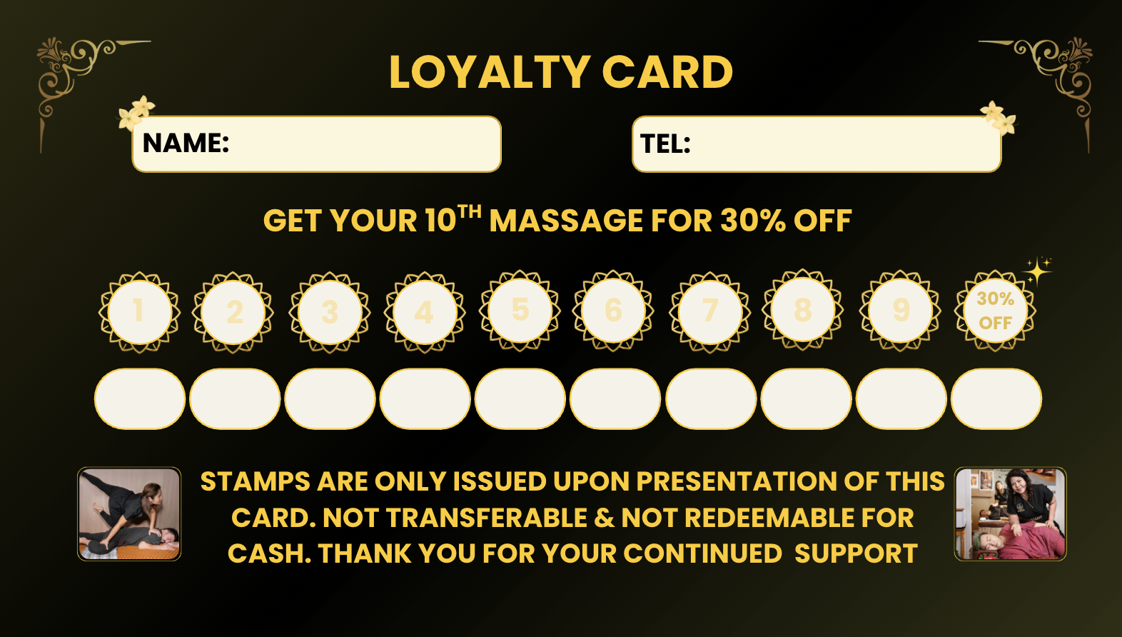 Loyalty card with ten stamps, promotional offer for a 30% discount on the 10th massage, featuring two photos of massage therapists, decorative corners, and outlined sections for name and phone number.