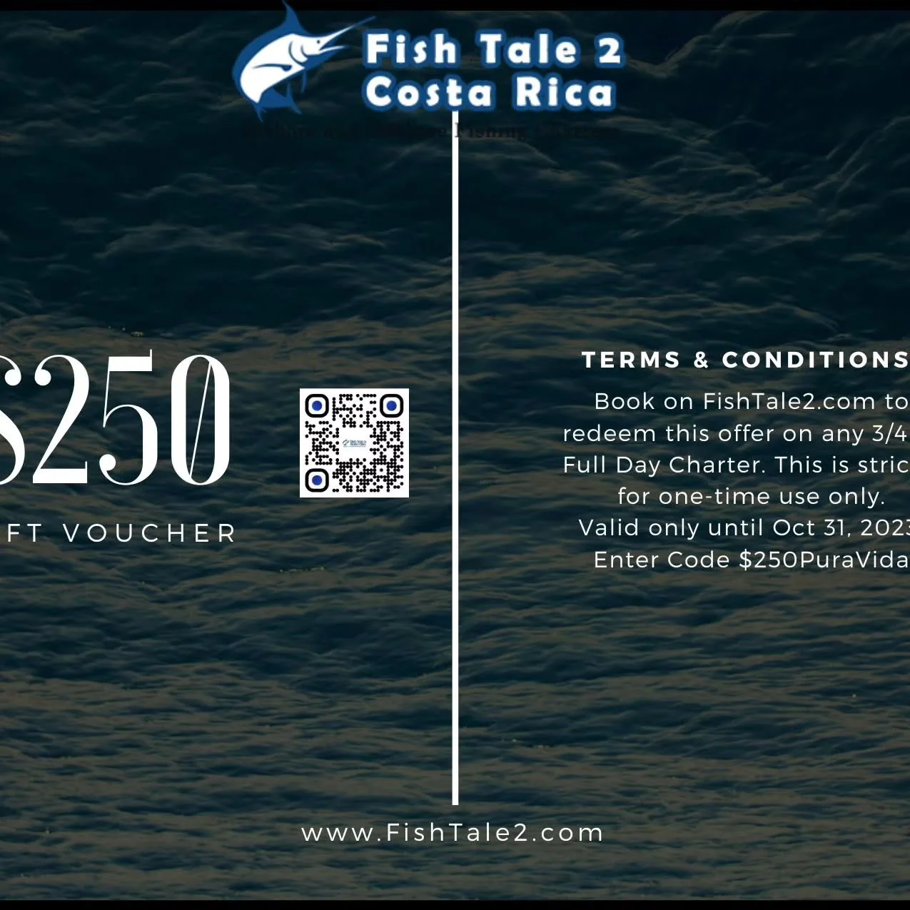 $250 off any 3/4 or full day charter until October 31st! Come catch your Tails, on Fish Tale 2! www.FishTale2.com to use the discount code 250PuraVida