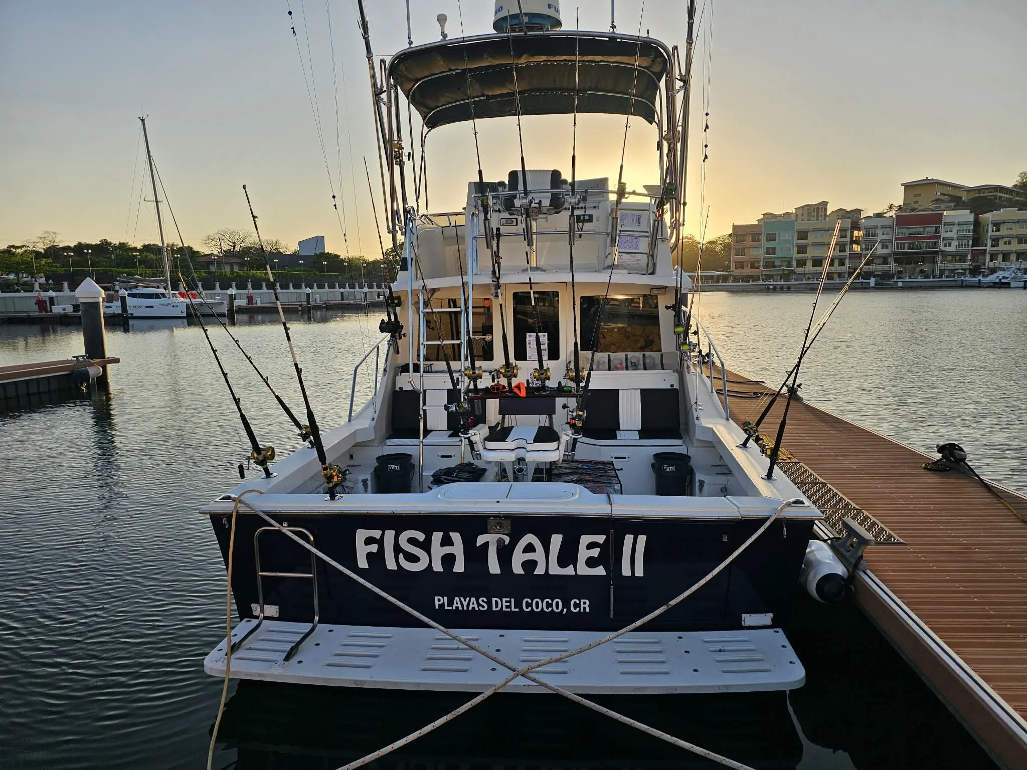 The Fish Tale 2, docked at sunset, in the Marina Flamingo, in Guanacaste Costa Rica