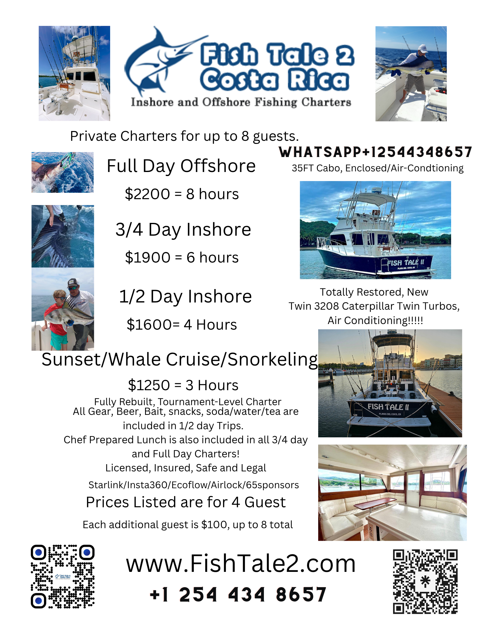 Flyer for Fish Tale 2 Costa Rica fishing charter, featuring photos of a boat, fishing, and interior amenities, contact info, and QR codes.