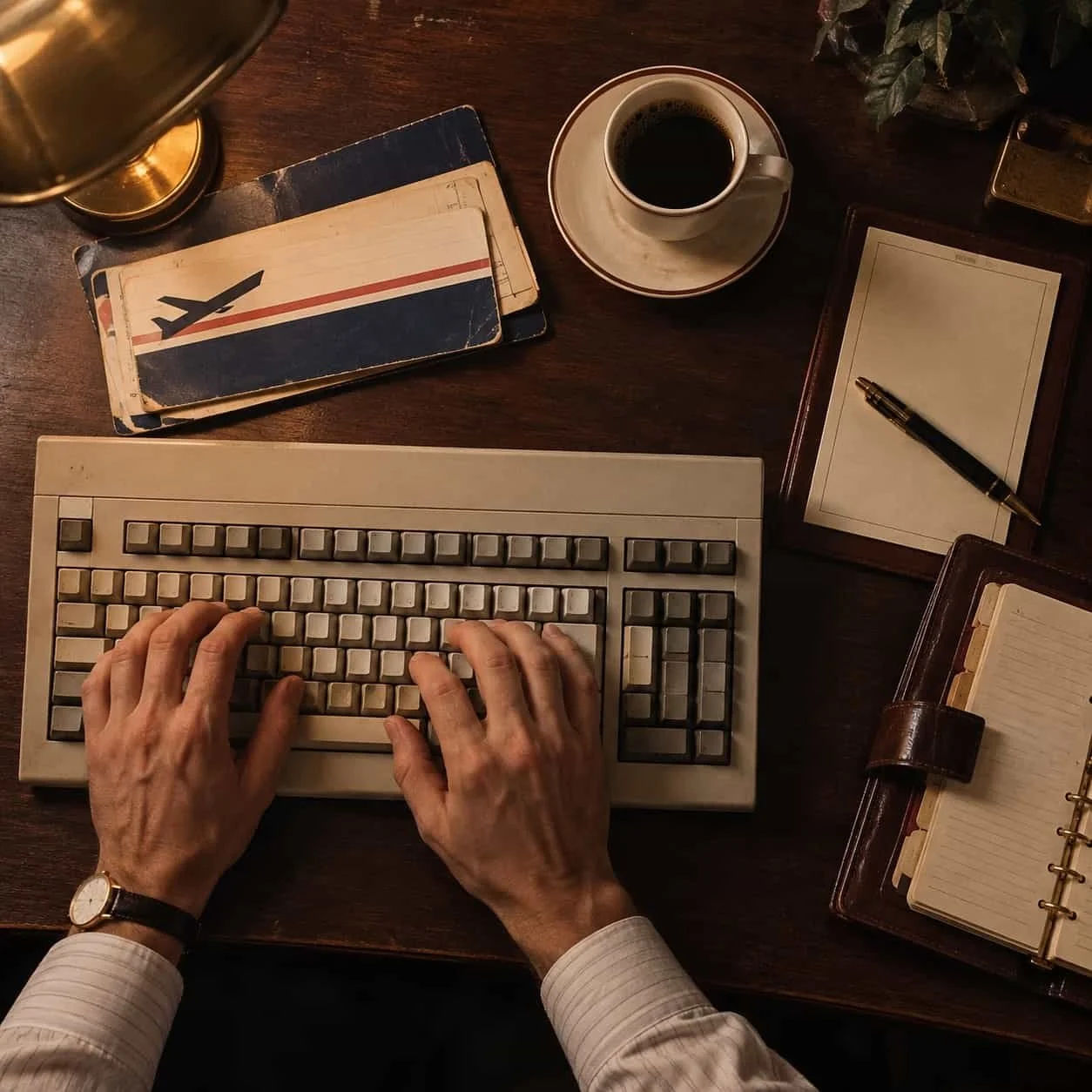 Overhead view of hands at a beige keyboard on a 1984 hotel room desk: Tocobaga marketing for consulting firms