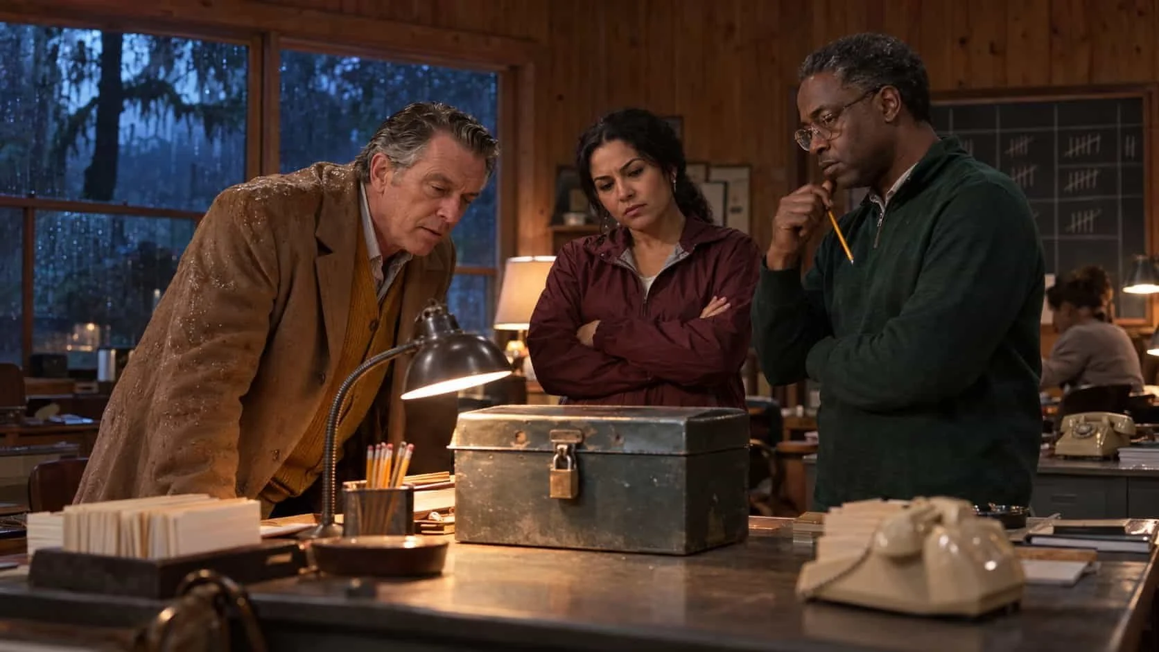 Three campers in a rainy camp office stare at a padlocked steel lead box under a desk lamp.