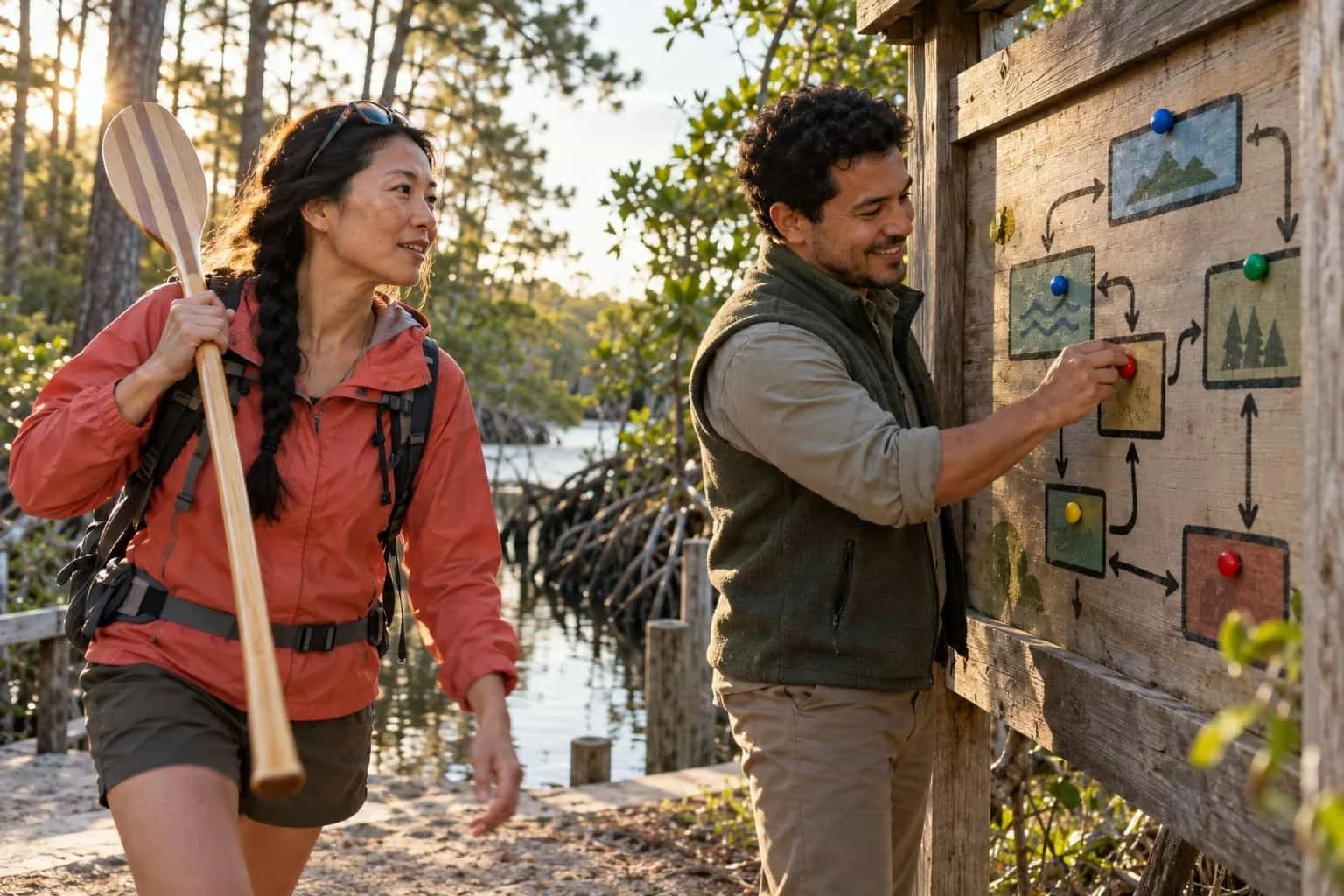 A camper glances at a painted workflow map of boxes and arrows at a trailhead while a man moves a pin