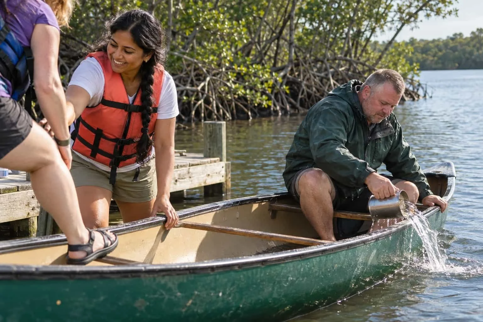 A counselor loads new campers into a canoe's bow while a man bails out a leak at the stern.