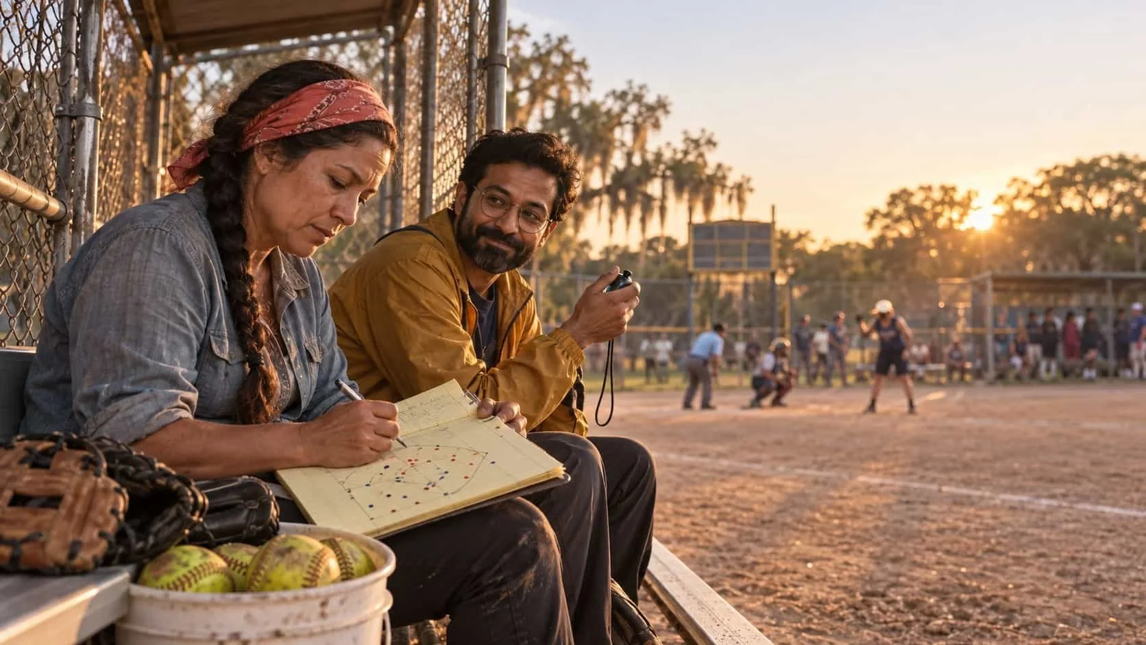 Two camp softball players with a legal pad and stopwatch on a worn bench eye a rival dugout full of shiny new gear
