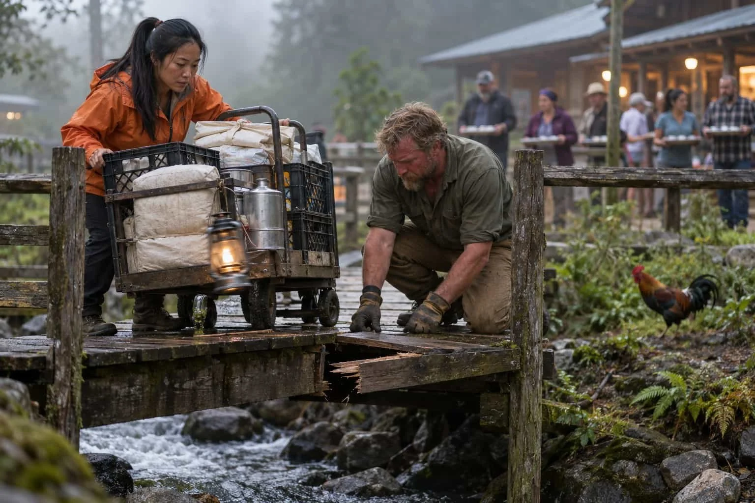 A supply cart is stuck at a broken plank on the only footbridge to a camp mess hall as hungry campers wait.