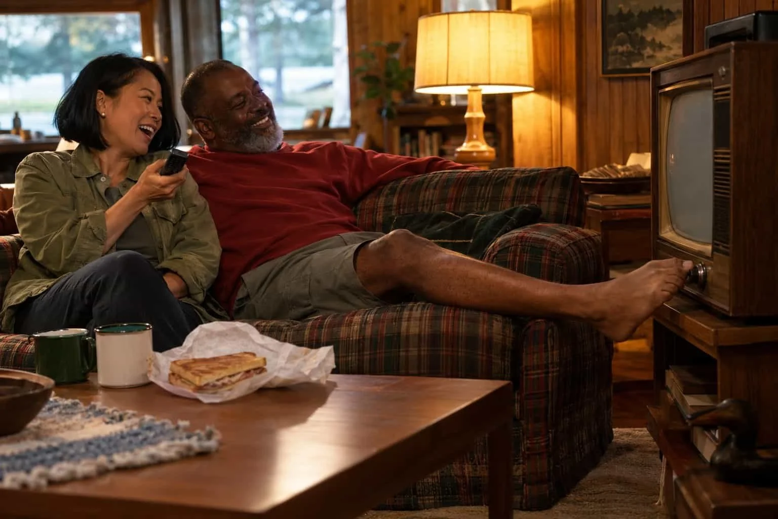 A man changes an old TV's channel dial with his toe while a woman beside him holds up a remote, laughing.