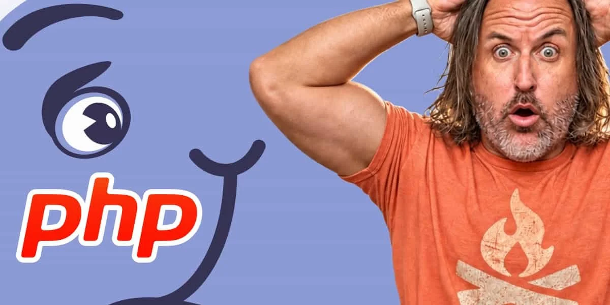 Law Smith looks shocked beside the PHP logo, illustrating the PHP2Shell vulnerability