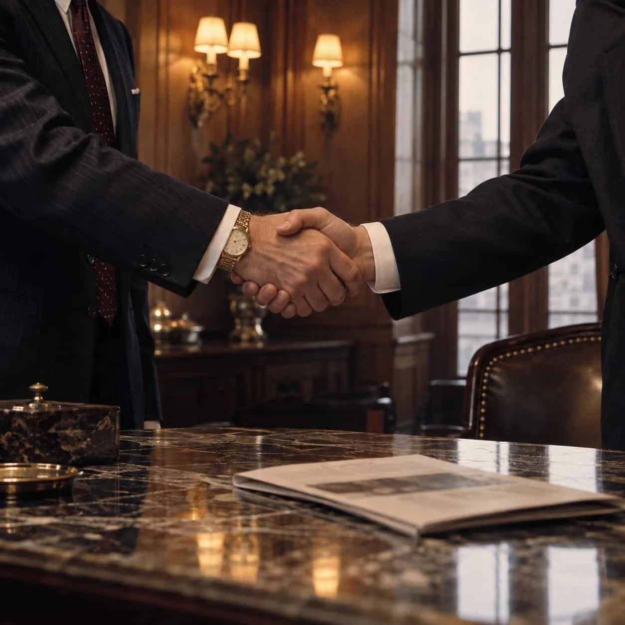 Two people shaking hands across a marble-topped table in a 1984 wood-paneled anteroom, framed chest-down: Tocobaga marketing for lobbying firms