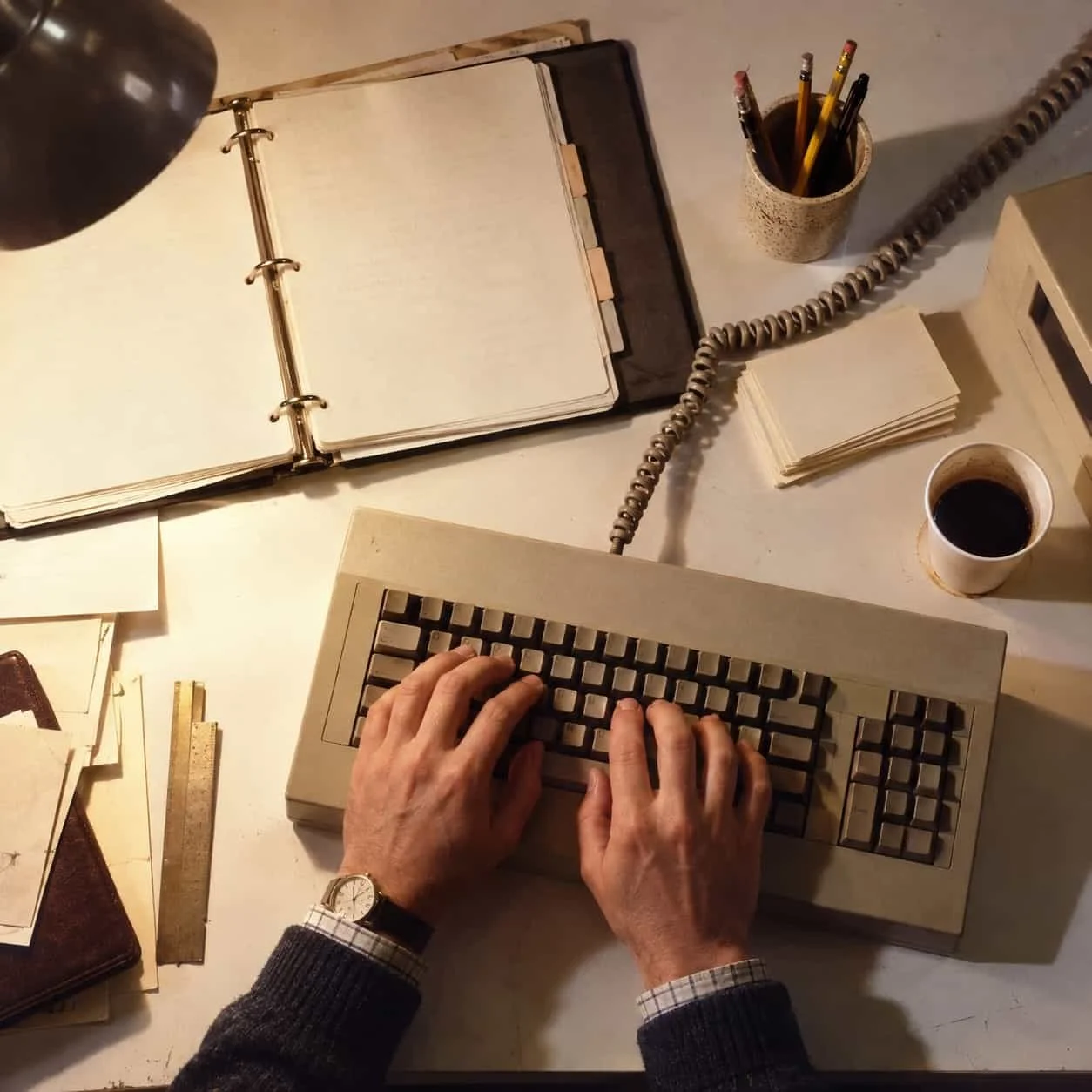 Overhead view of hands at a beige keyboard on a 1984 software startup desk: Tocobaga marketing for SaaS companies