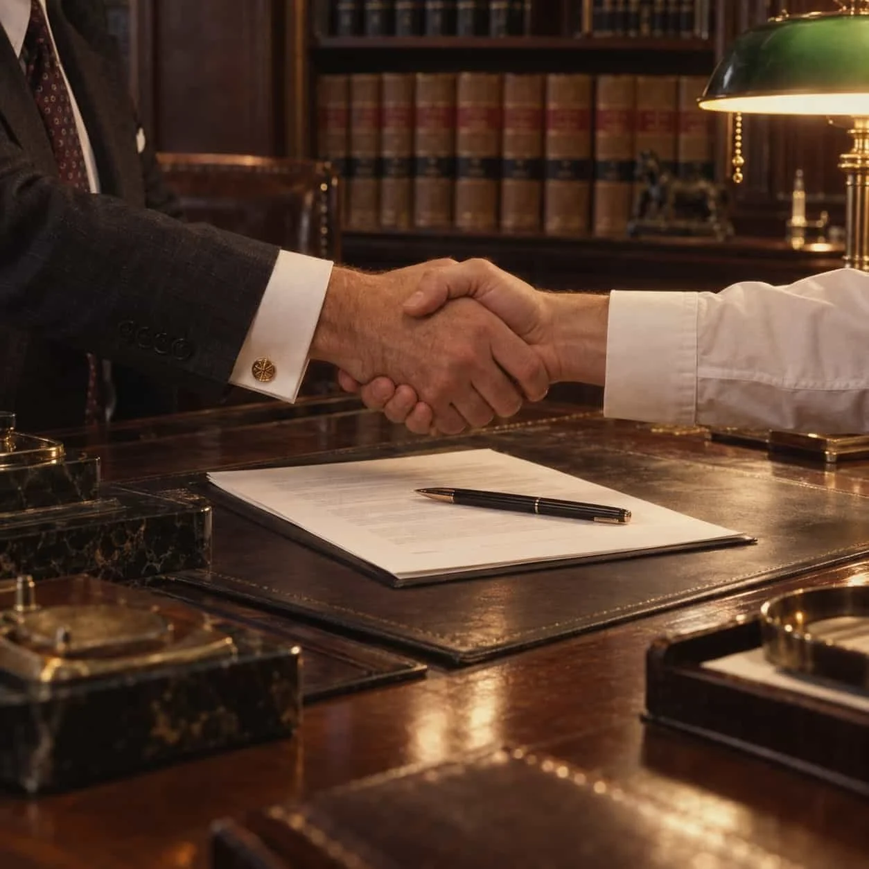 Two people shaking hands across a leather-topped partner's desk in a 1984 law office, framed chest-down: Tocobaga marketing for law firms