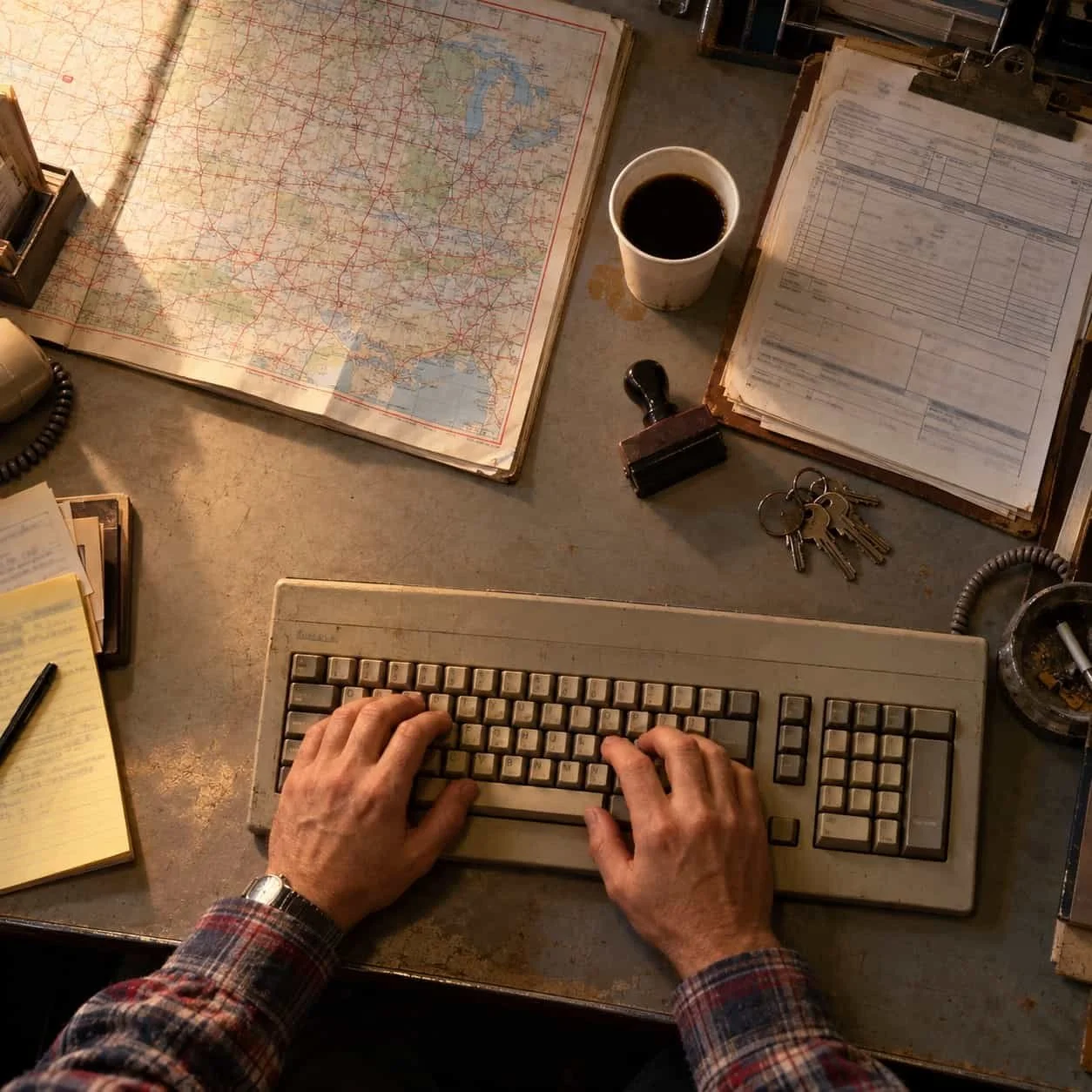 Overhead view of hands at a beige keyboard on a 1984 dispatch desk: Tocobaga marketing for trucking, logistics and supply chain companies