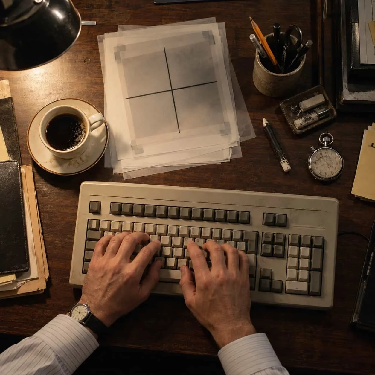 Overhead view of hands at a beige keyboard on a 1984 consulting office desk: Tocobaga marketing for management consultancies