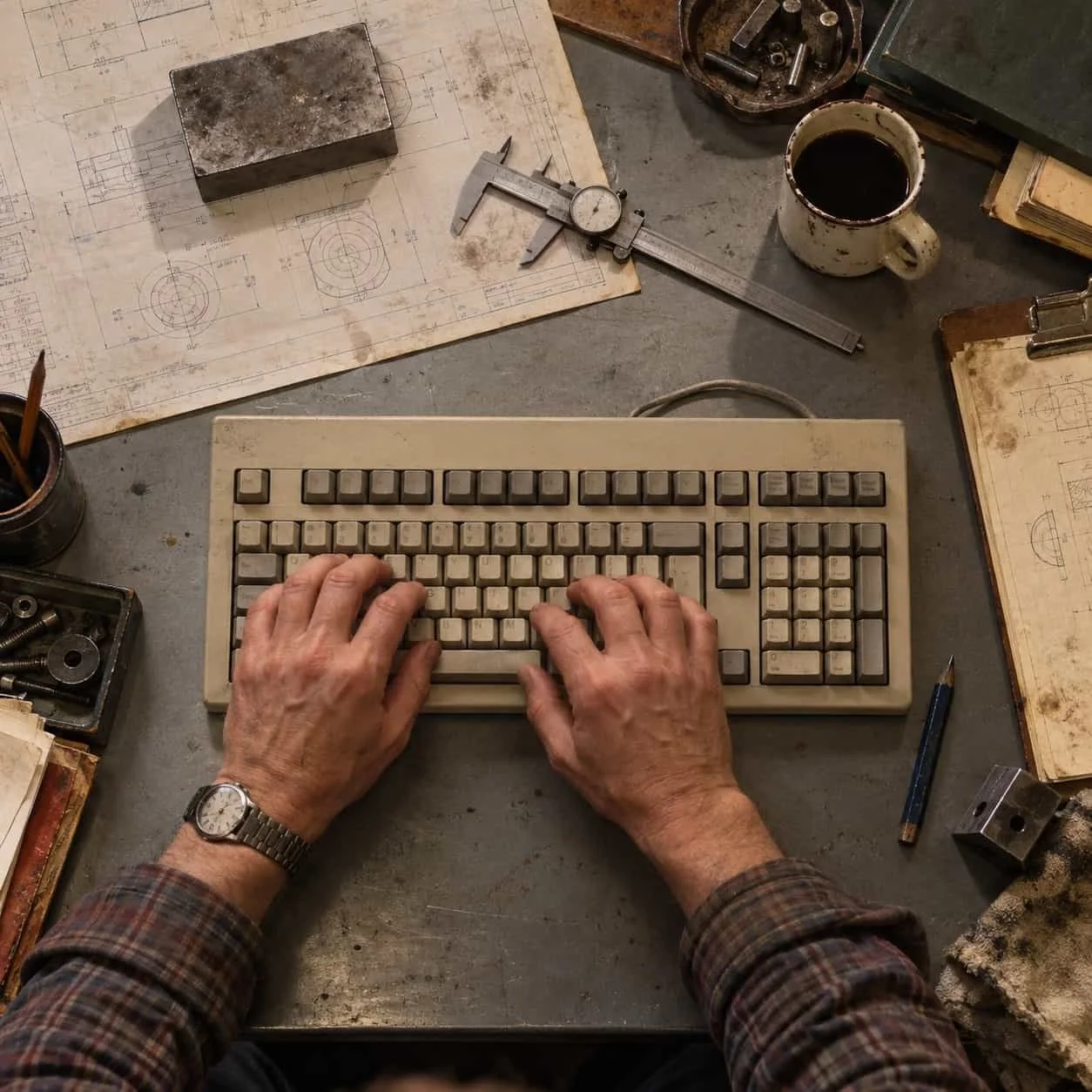 Overhead view of hands at a beige keyboard on a 1984 plant office desk: Tocobaga marketing for manufacturers