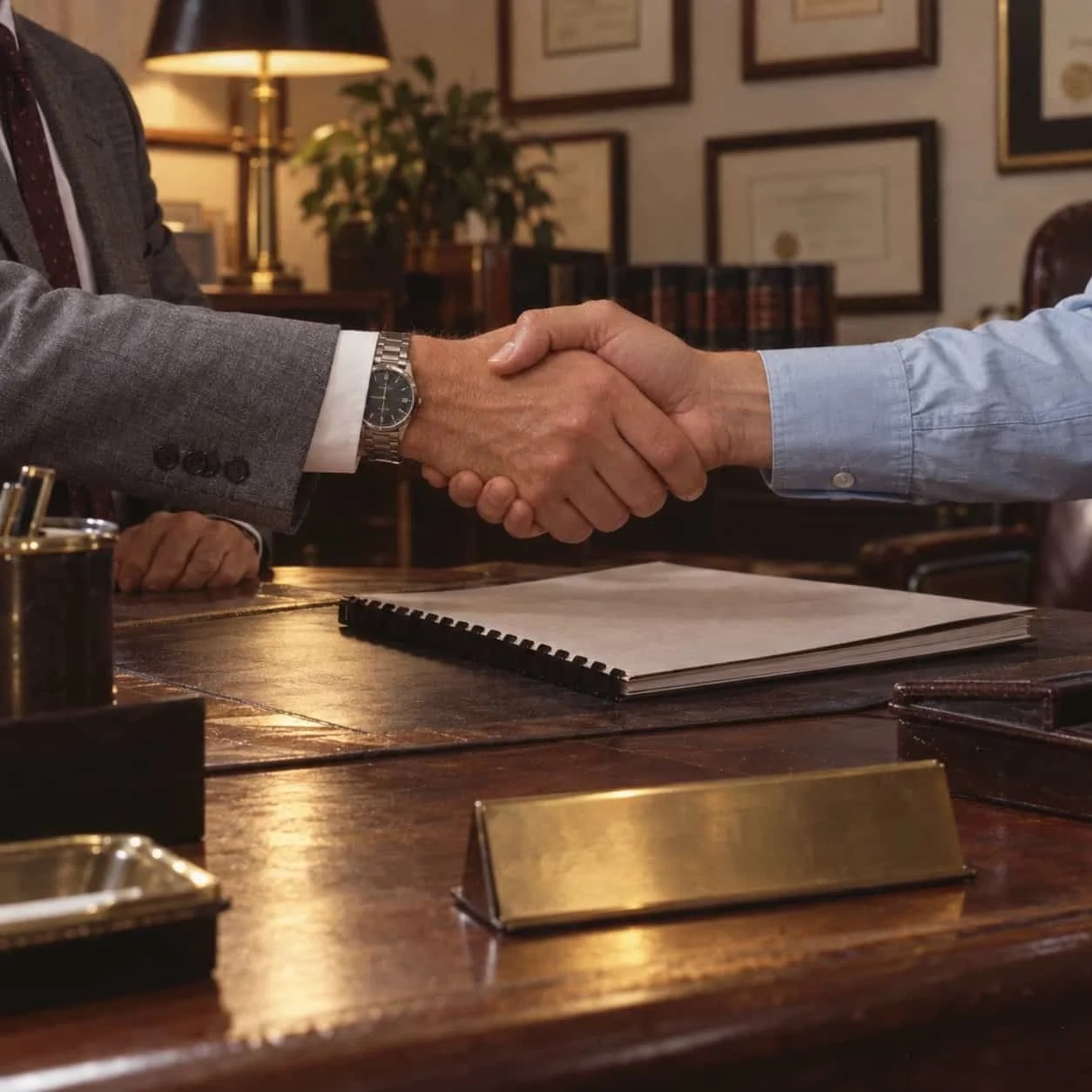 Two people shaking hands across a desk in a 1984 professional services office, framed chest-down: Tocobaga marketing for professional services firms