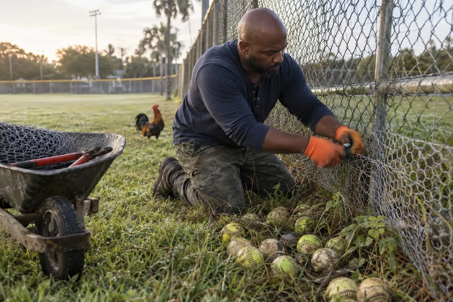 A man in orange work gloves patches a gap in a camp outfield fence where softballs have rolled through