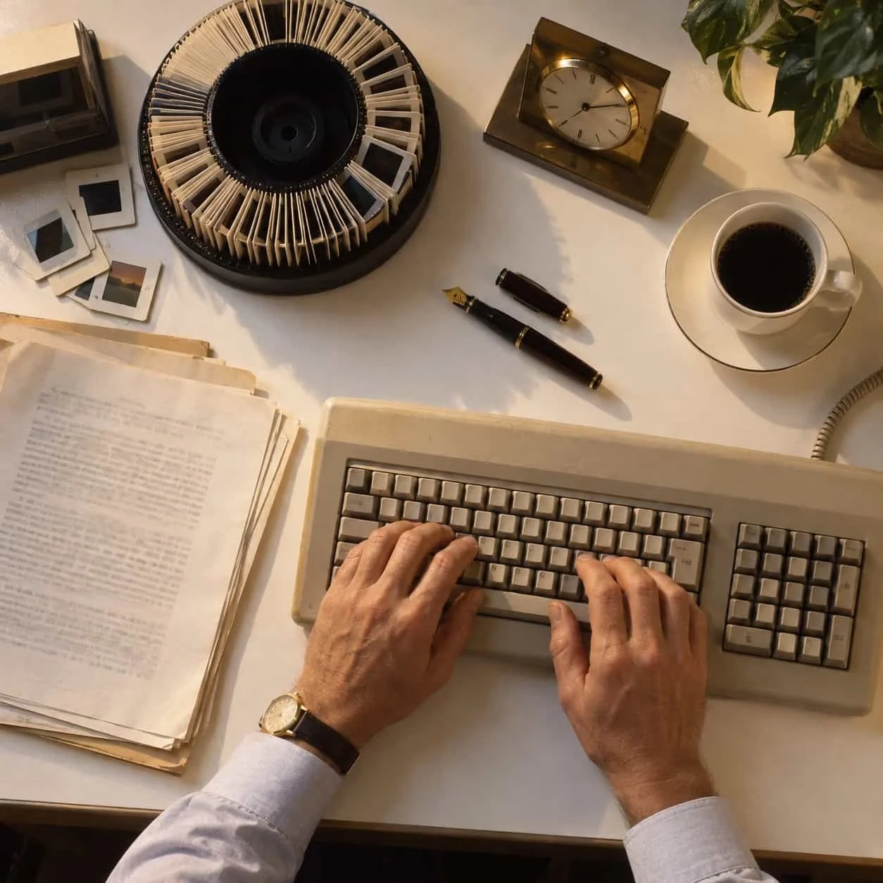Overhead view of hands at a beige keyboard on a 1984 venture office desk: Tocobaga marketing for venture capital firms