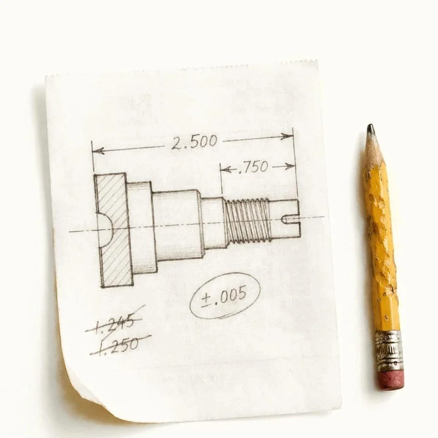 Machined-part sketch and pencil: Tocobaga marketing for manufacturers