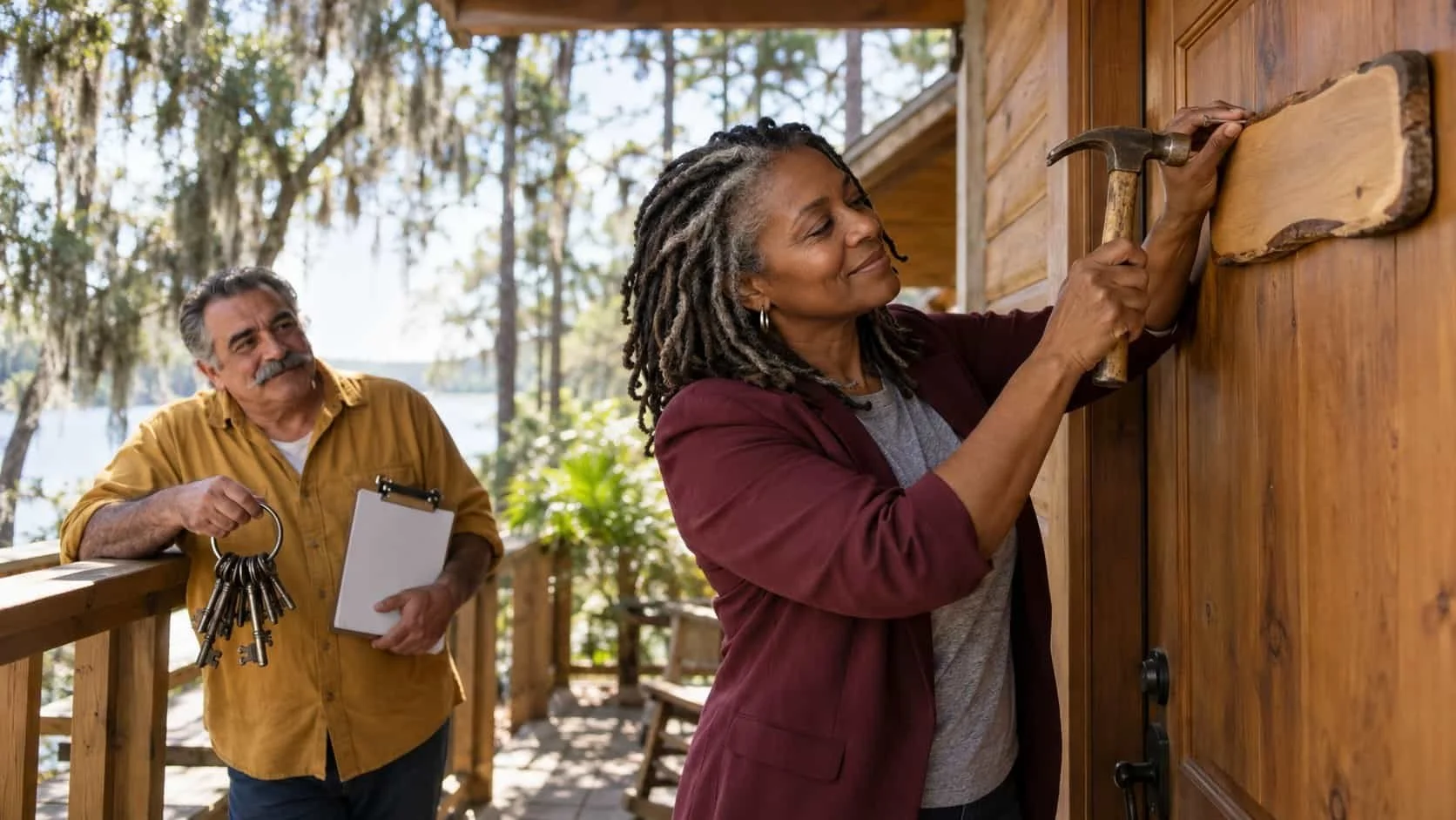 A lawyer hammers a blank nameplate onto a camp cabin door while the landlord waits below with a giant key ring.