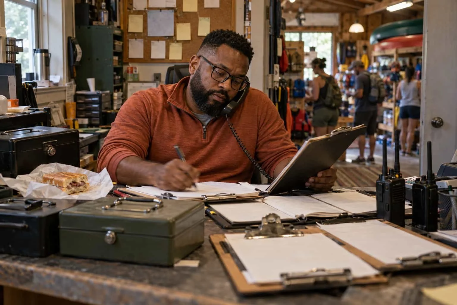 A trading post manager juggles seven clipboards, a phone and radios while copying data from one sheet to another