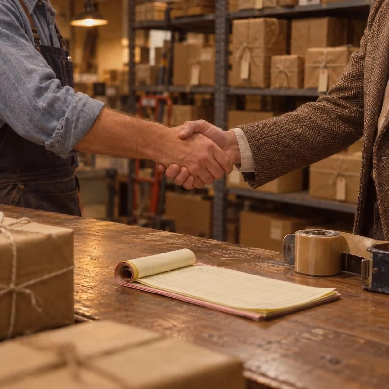 Two people shaking hands across a wooden shipping counter in a 1984 mail-order stockroom, framed chest-down: Tocobaga marketing for e-commerce brands