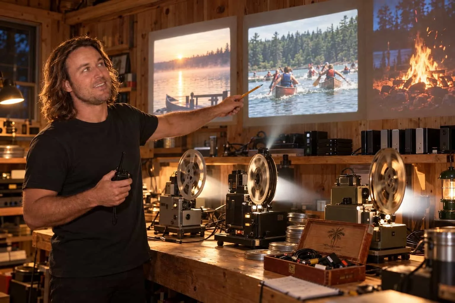 Law Smith picks the best shot from three projectors showing different scenes in a camp AV cabin