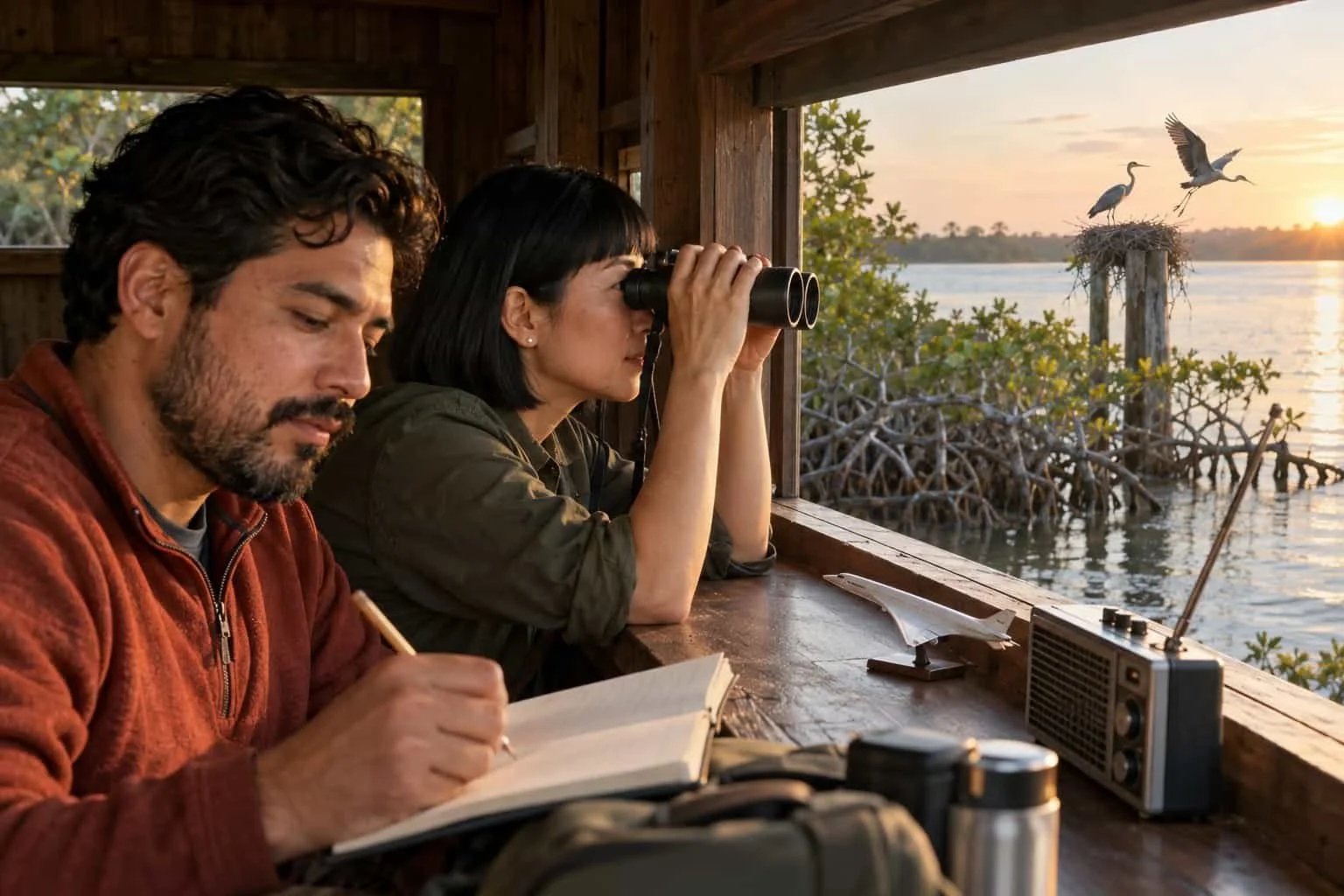 Two campers in a bird blind watch a nest as one bird flies off, a toy delta-wing jet on the windowsill