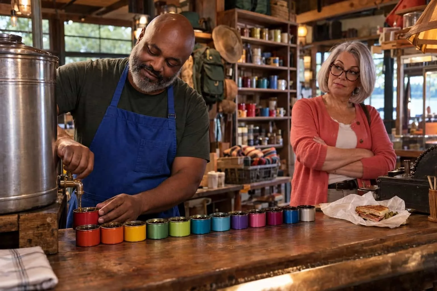 A trading post clerk fills twelve differently colored tins from one big drum as a customer raises an eyebrow.
