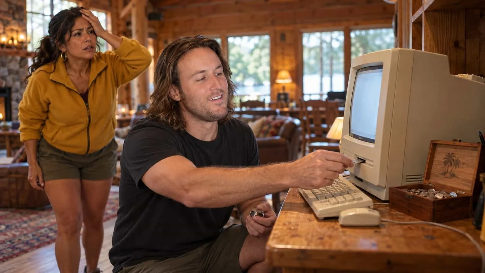 Law Smith feeds a quarter into an old computer's floppy slot as a camp staffer facepalms behind him.