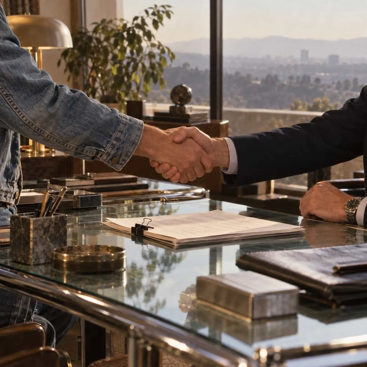 Two people shaking hands across a glass-and-chrome desk in a 1984 venture office, framed chest-down: Tocobaga marketing for venture capital firms