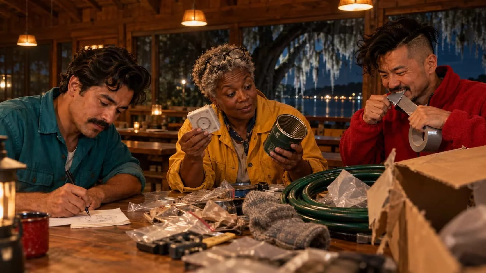 Three adult campers at a mess hall table try to fit a square cartridge into a round can with tape, a sock and bags