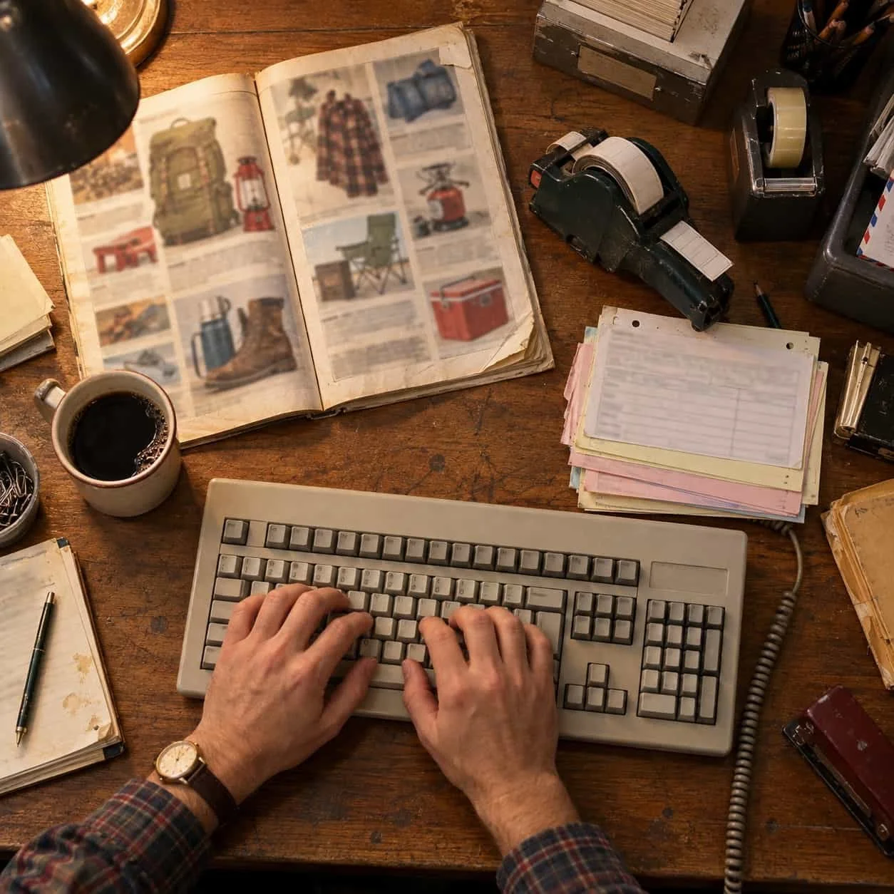 Overhead view of hands at a beige keyboard on a 1984 mail-order office desk: Tocobaga marketing for e-commerce brands