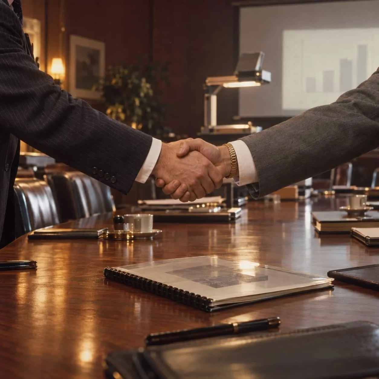 Two people shaking hands across a long boardroom table in a 1984 corporate headquarters, framed chest-down: Tocobaga marketing for management consultancies