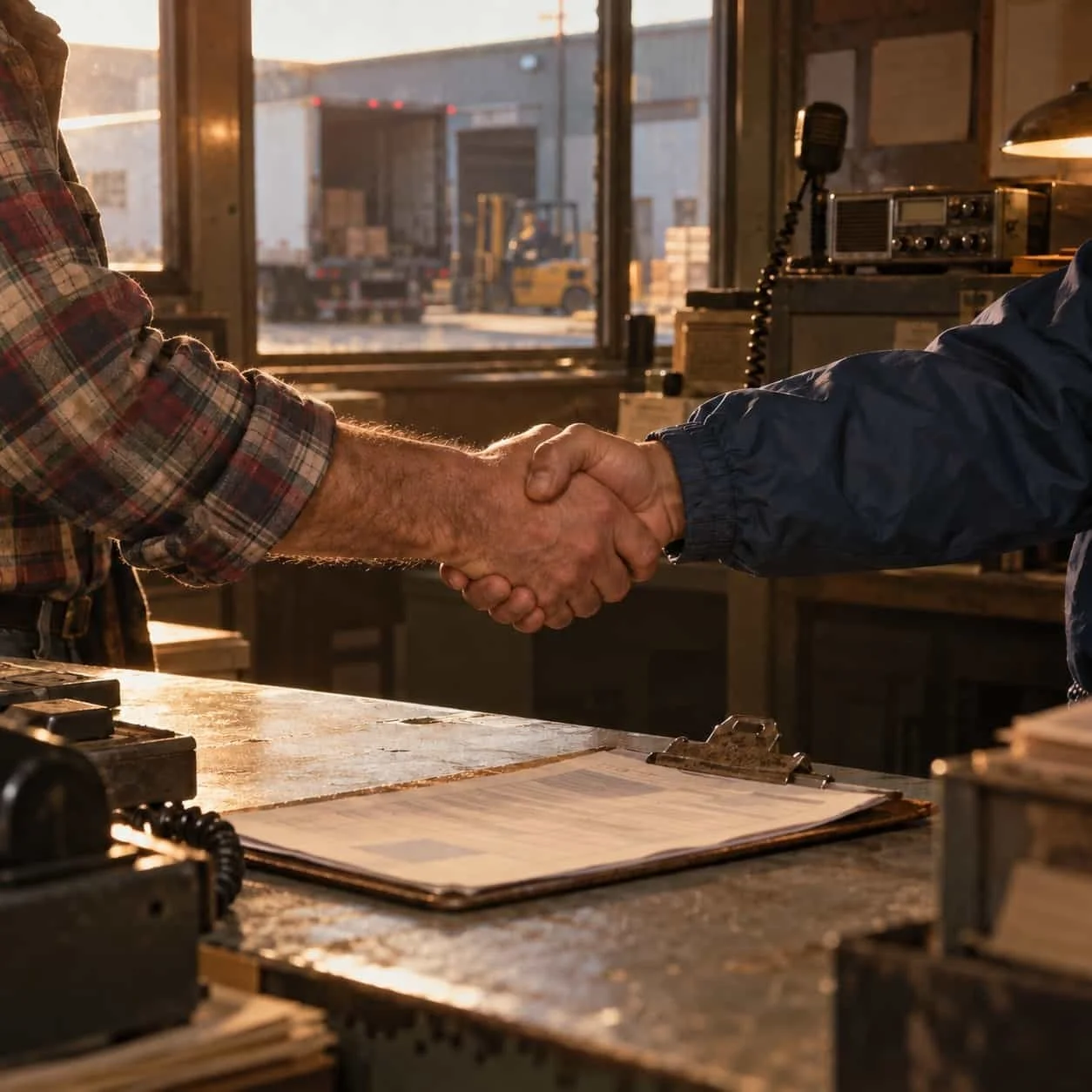Two people shaking hands across a dispatch counter in a 1984 freight terminal office, framed chest-down: Tocobaga marketing for trucking, logistics and supply chain companies