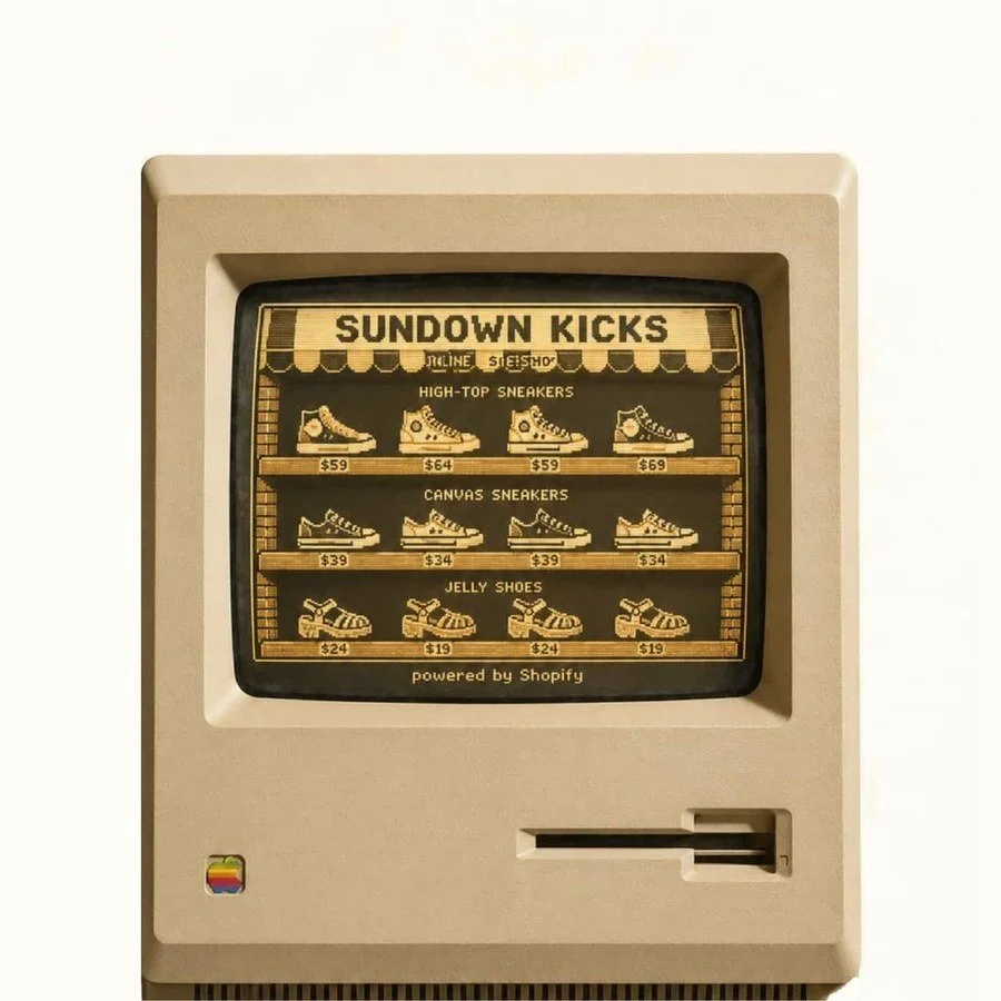 Beige computer showing a sneaker storefront: Tocobaga marketing for e-commerce brands